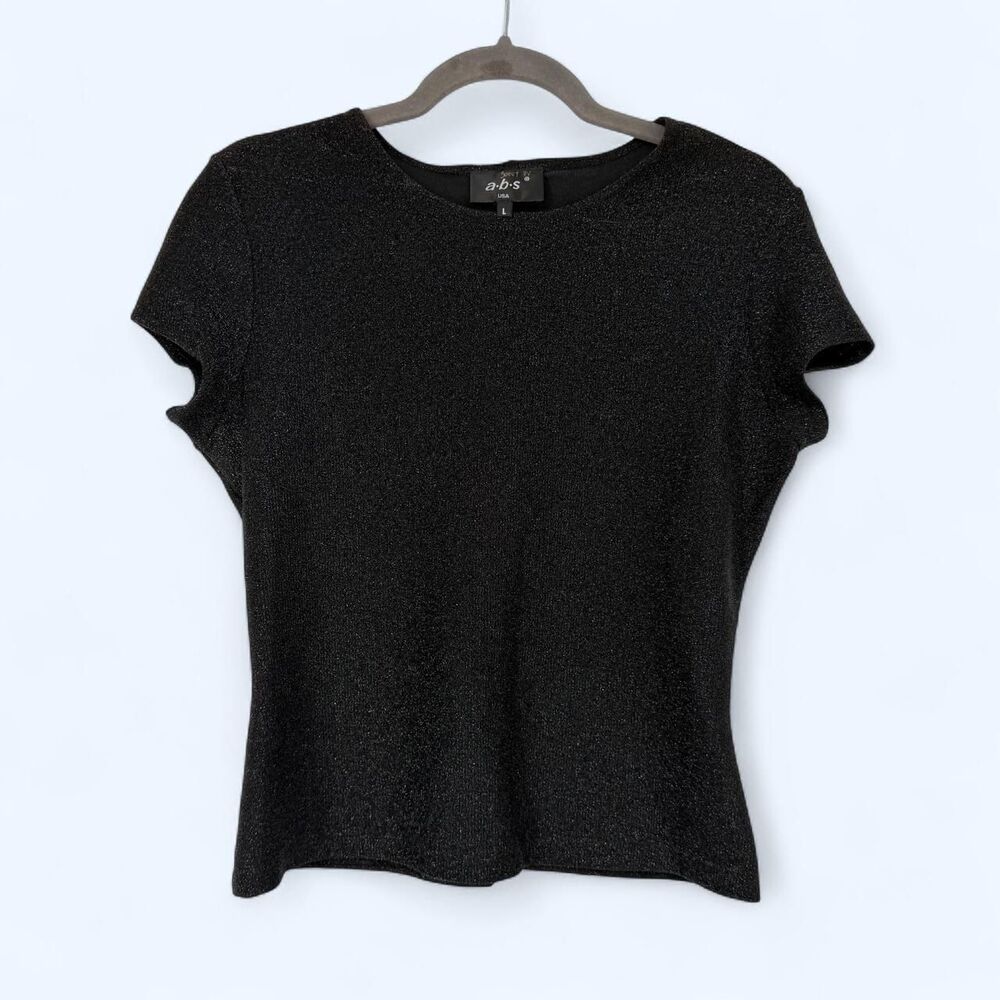 Charcoal Black Glitter Knit Short Sleeve Top Sparkly Shimmer Evening 1999